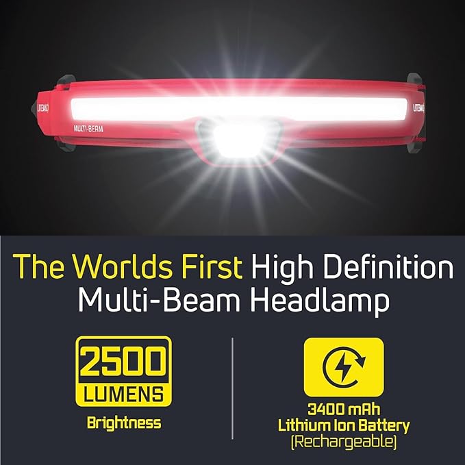 Liteband Bundle PRO PureHD 2500 Lumens LED Headlamp Rechargeable Battery Powered, Bright Head Lamp Flashlight, Hard Hat Light, Mechanic Lamps, Camping, Running, Best Rated for Forehead, Red