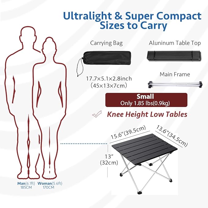 Grope Portable Camping Table with Aluminum Table Top, Folding Beach Table Easy to Carry, Prefect for Outdoor, Picnic, BBQ, Cooking, Festival, Beach, Home Use (Black-S)