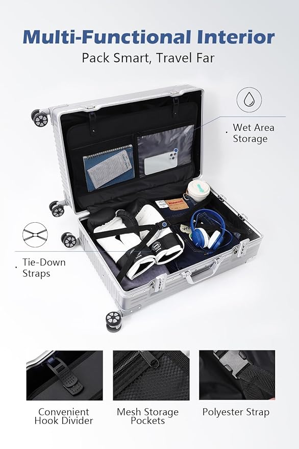 HotWay 28 Inch All Aluminum Checked in Luggage, Hard Shell Suitcase with Spinner Wheels and TSA Lock, Large Silver Suitcase for Travel, Black