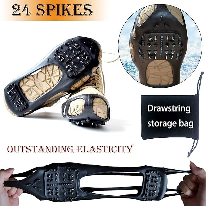 Ice Cleats Traction Crampons for Shoes and Boots - Anti-Slip Walking on Snow and Ice - Overshoe Rubber Grippers With 24 Studs - Slip-on Stretch Footwear for Men and Women