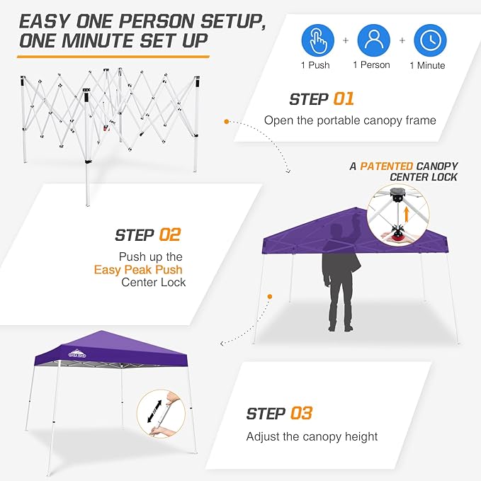 EAGLE PEAK 10x10 Slant Leg Pop-up Canopy Tent Easy One Person Setup Instant Outdoor Beach Canopy Folding Portable Sports Shelter 10x10 Base 8x8 Top (Purple)
