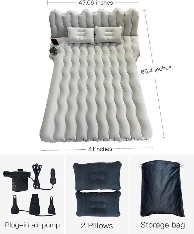 SUV Air Mattress with Cup & Phone Holder, Flocked-Top Inflatable Car Mattress with Two Air Pillows & Electric Air Pump, Ideal SUV Mattress for Camping, Travel, and Road Trips (Grey)
