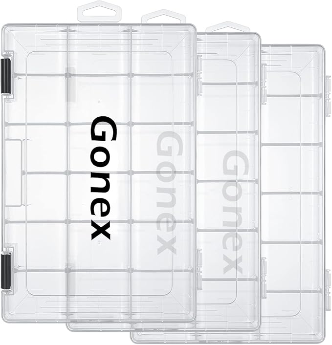 Gonex Fishing Tackle Boxes, 3600 3700 Tackle Trays with Adjustable Dividers, Clear Plastic Tackle Box Organizer Storage for Fishing Lure Bait Hook Jewelry Craft Beads Earring Container, 3 or 4 Packs