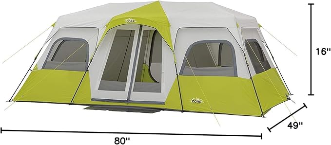 CORE Instant Cabin Tents | 6 Person / 9 Person / 10 Person / 12 Person Family Cabin Multi Room Pop Up Tents Car Camping | Included Storage Pockets for Camping Accessories