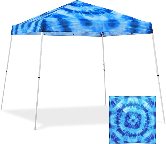 EAGLE PEAK 10x10 Slant Leg Pop-up Canopy Tent Easy One Person Setup Instant Outdoor Beach Canopy Folding Portable Sports Shelter 10x10 Base 8x8 Top (Tie Dye Blue)