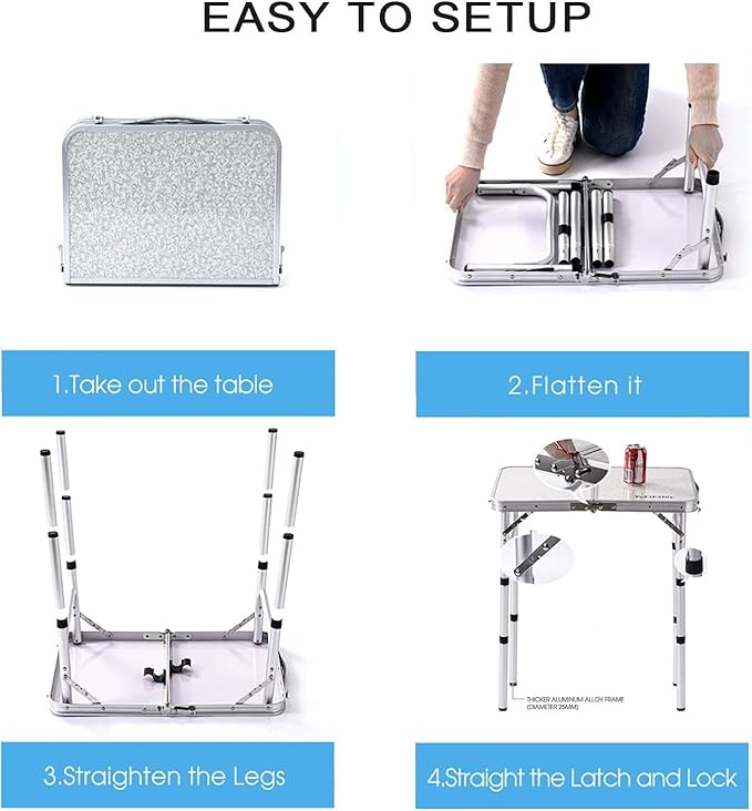 Folding Table Small, 24''L x16''W Camp Aluminum Table with Adjustable Height Legs, Indoor Outdoor Lightweight Portable Folding Aluminum Dining Table for Picnic Camping 2-Feet（10"/19"/27）