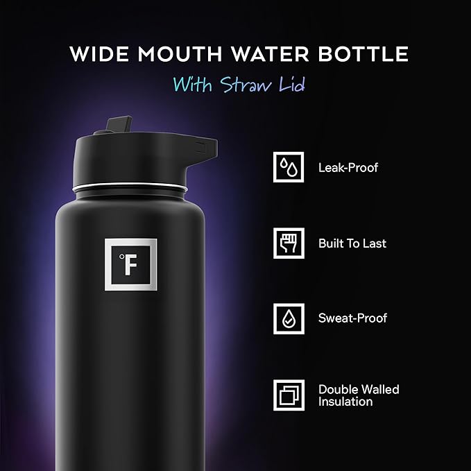IRON °FLASK Camping & Hiking Hydration Flask with 3 Lids - Stainless Steel, Double Walled & Vacuum Insulated Water Bottle - Leak Proof & BPA Free 32 Oz