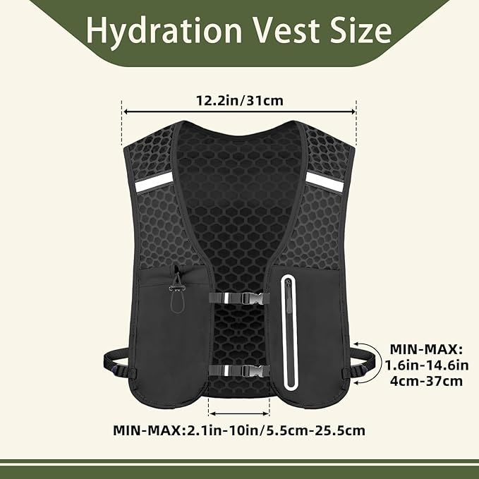 Unisex Hydration Vest Running Backpack - Adjustable Size Lightweight Trail Running Vest with 2L Bladder & 500ml Soft Flask, Mesh, Large Phone Pocket for Night Walking, Marathon(Reflective Strips)