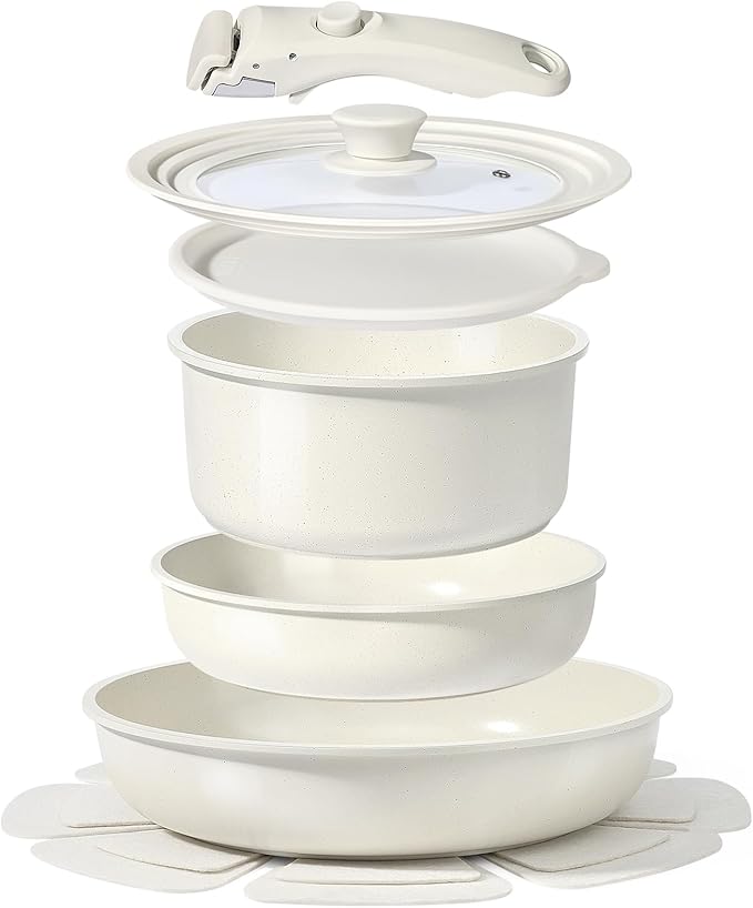 GiPP Ceramic Pots and Pans Set Non Stick, Nonstick Detachable Handle Cookware Sets, Healthy Non Toxic PFAS PFOA & PTFE Free, Dishwasher ＆Oven Safe, Induction Kitchen Pot and Pan, 8 Piece Cream