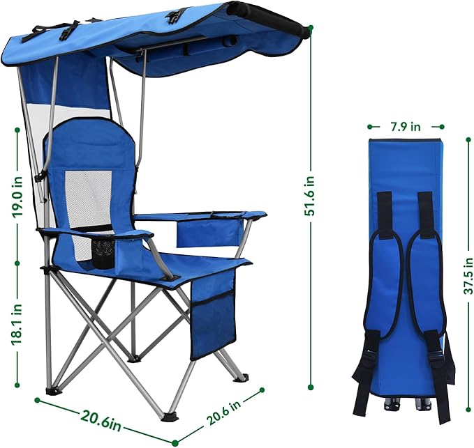 PLKO Camping Chairs with Canopy, Portable Quad Lawn Chair for Adults, Folding Recliner Chair with Cup Holder Outdoor Events and Shade- Support 330 LBS