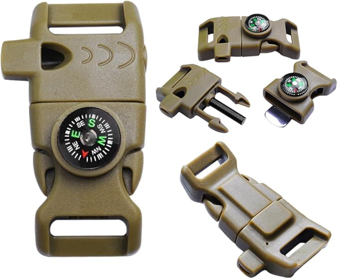 10Pack 5/8" Compass Whistle Buckle Plastic Paracord Bracelet Outdoor Camping Emergency Survival Travel Kits (Khaki)