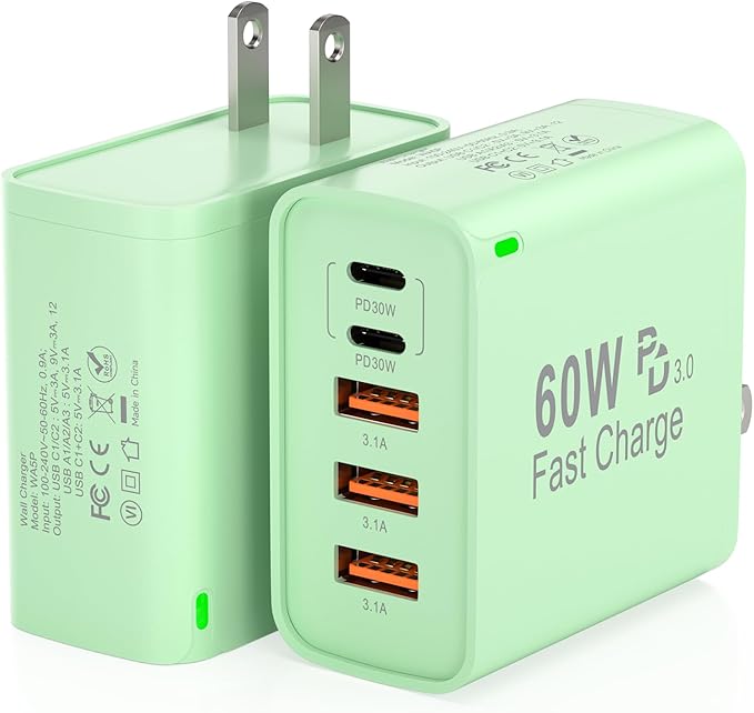 2Pack USB C Fast Charger Block, 60W 5-Port USB C Wall Charger 30W Type C Charging Block, 2USB C+3USB A PPS/PD 3.0 Multiport Charging Cube for iPhone 17 16 15 14 Pro Max,for Galaxy S25 S24 Ultra, i Pad