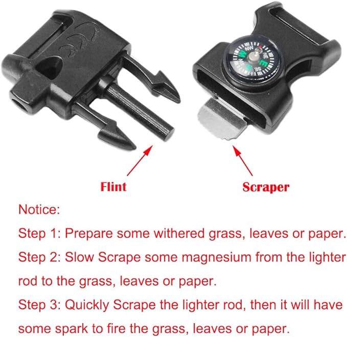 5/8 Inch Compass Flint Scraper Fire Starter Whistle Buckle Paracord Bracelet Outdoor Camping Emergency Survival Travel Kits