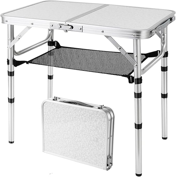 Folding Picnic Table, Small Camping Table with Adjustable Heights, Portable Lightweight Aluminum Side Table for Office, Beach, Garden, Travel