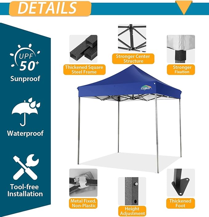 COBIZI 6.6x6.6 Pop Up Canopy Without Sidewall,Heavy Duty Canopy UPF 50+ All Season Wind Waterproof Commercial Outdoor Party Tents for Parties Canopy Gazebo with Storage Bag(6.6 x 6.6 ft Dark Blue)