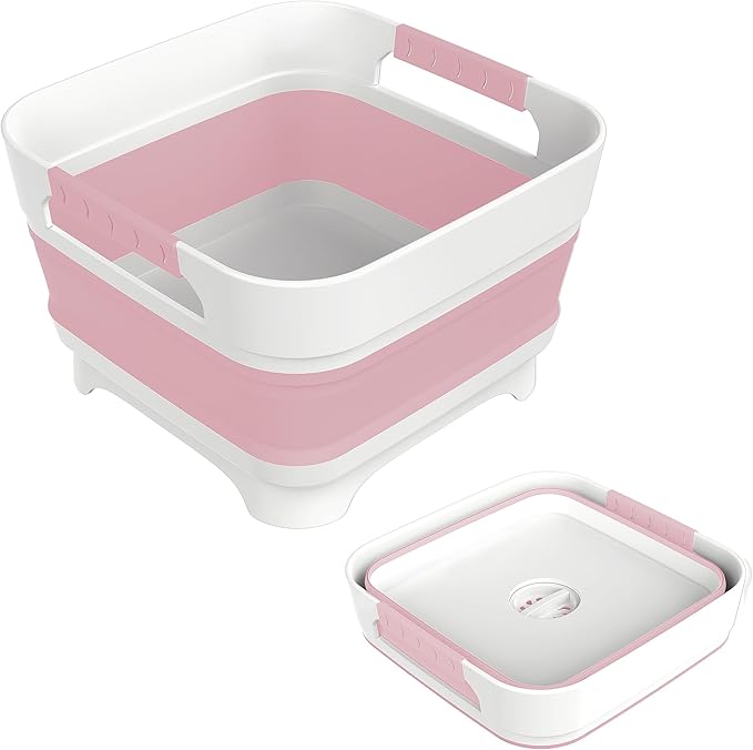 2.4 Gal Collapsbile Wash Basin with Drian Plug,9L Dish Pan for Soaking Baby Bottles,Portable Sink, Multiuse Foldable Bucket,Ice Beverage Tubs for Camping, Vegetable Washing, RV (Pink)
