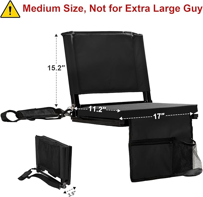 Stadium Seats with Back Support for Bleachers, Folding Bleacher Chairs with Back and Cushion, Padded Seat with Shoulder Strap, Large Mesh Pocket & Carry Handle, Black