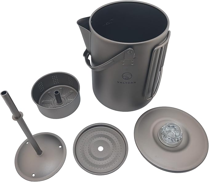 Valtcan Titanium Percolator Coffee Maker Pot 1.5L Filter Brew Ultralight Weight Camping Kettle 50 fl oz 6 Cup Capacity Glass Knob 395g Compact Kettle