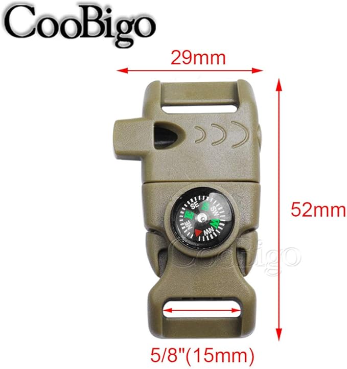 10Pack 5/8" Compass Whistle Buckle Plastic Paracord Bracelet Outdoor Camping Emergency Survival Travel Kits (Khaki)