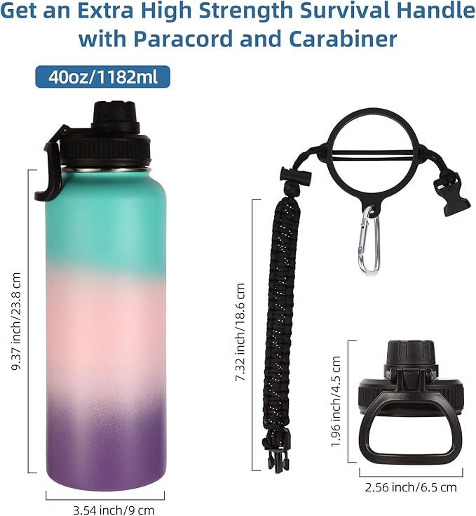 Volhoply Insulated Water Bottles Bulk 4 Pack, 40 oz Reusable Stainless Steel Sports Bottle with Paracord Handle & Spout Lid,Double Wall Metal Travel Water Flask with Wide Mouth(Gradient Color,4 Set)