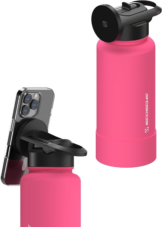Scosche MFMS32 MagicMount Flask 32 oz Stainless Steel Water Bottle with MagSafe Phone Mount Stand, 12H Hot & 24H Cold, Insulated Flask with Magnetic Phone Holder for Gym, Travel, Sports, 32oz, Pink