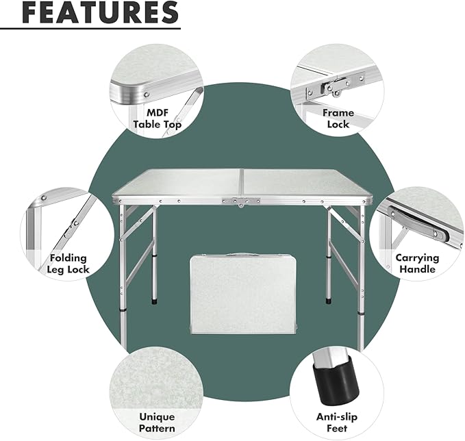 VILLEY Folding Camping Table, 3ft Small Portable Lightweight Outdoor Table with Aluminum Adjustable Legs for Travel Picnic Cooking Beach