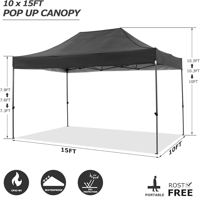COBIZI 10x15 Pop Up Canopy Without Sidewall,Heavy Duty Canopy UPF 50+ All Season Wind Waterproof Commercial Outdoor Wedding Party Tents for Parties Gazebo with Carry Bag(10 x 15 ft Black)