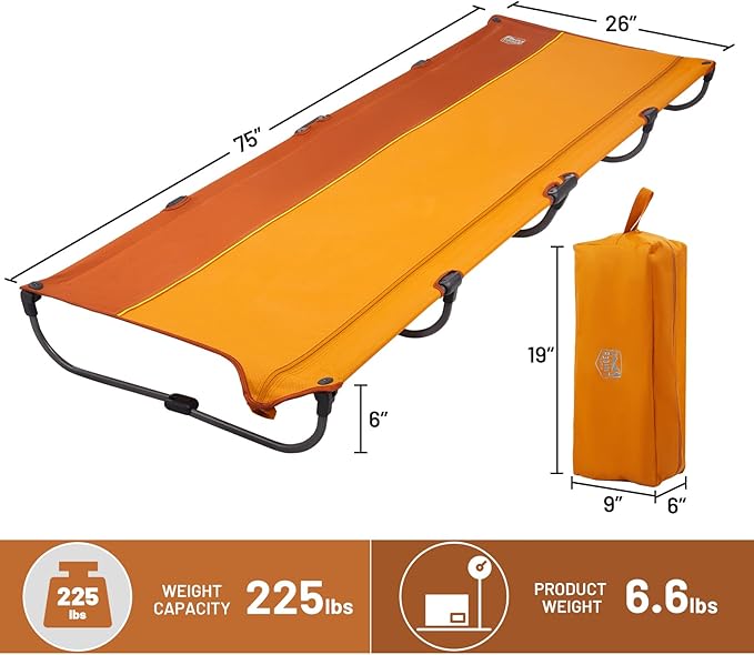 TIMBER RIDGE Lightweight Aluminum Camping Cot, 20-Second Quick Set-Up Folding Cot Low Profile with Zipper Closure, Portable Carry Bag for Camping, Travel and Outdoors, Support up to 225lbs, Orange