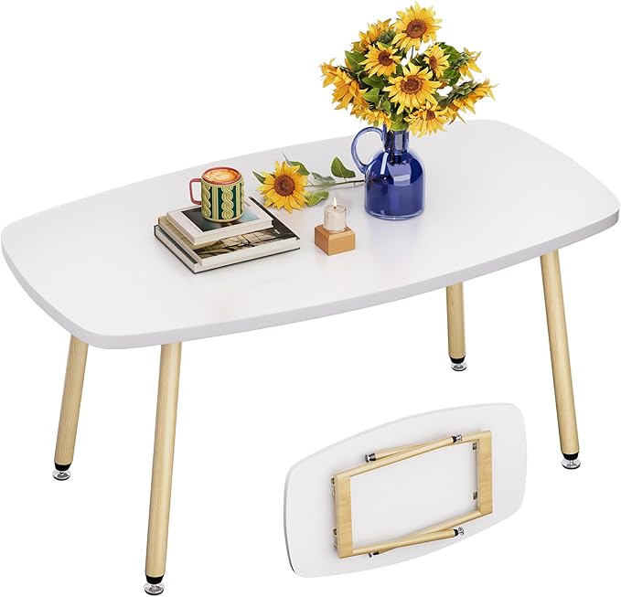 WOHOMO Folding Coffee Table 39.3'' White Coffee Tables for Living Room Portable Simple Modern Rectangular Center Table for Small Spaces, No Assembly, White-Htp
