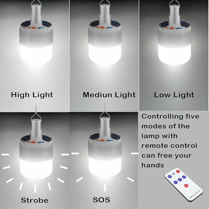 Solar Camping Lamp LED Tent Lights Waterproof Remote Control 4000mah 5 Mode USB Rechargeable Portable Lantern Blub Hanging for Home Indoor Outdoor Emergency Courtyard Power Outage 3 Pack