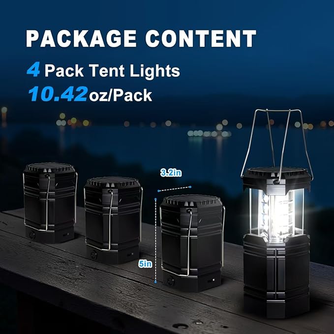 Camping Lantern Rechargeable, Solar & USB C Powered 2-in-1 Flashlight &Tent Light, Emergency Camping Light, Hanging Lanterns for Power Outages, Black 4 Pack