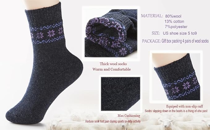 NinetoFiveLife Pack of 4 Womens Merino Wool Socks Winter Hiking Socks Knit Outdoor Recreation Warm Soft and Comfortable Size 5 to 9