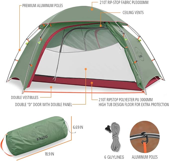 KAZOO Waterproof Backpacking Tent Ultralight 1/2 Person Lightweight Camping Tents 1/2 People Hiking Tents Aluminum Frame Double Layer