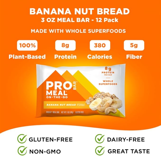 PROBAR - MEAL Bar, Banana Nut Bread, Non-GMO, Gluten-Free, Healthy, Plant-Based, Whole-Food Ingredients, Natural Energy (12 Count)