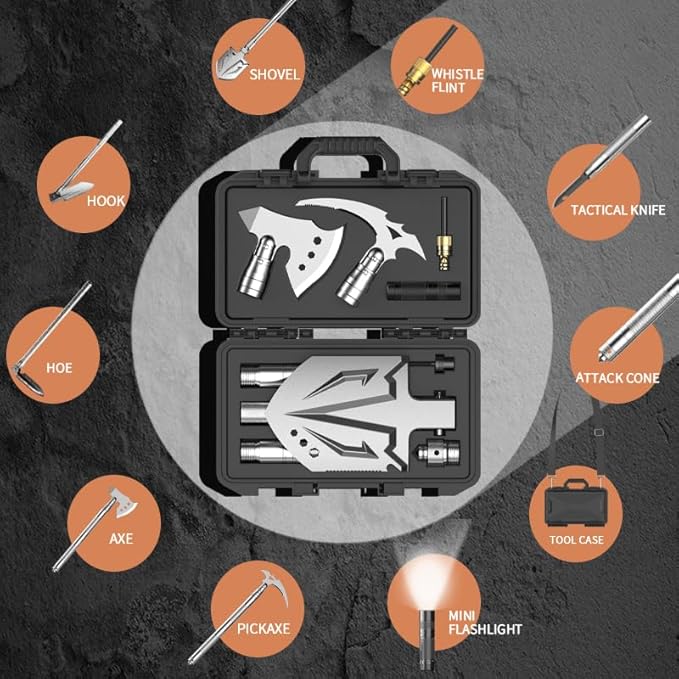 YANTOO Survival Shovel Axe Multitool, Fixm Folding Shovel Hatchet Survival Tool Camping Tool Kit with Storage Bag, Great for Outdoors, Camping, Hiking and Car Emergency
