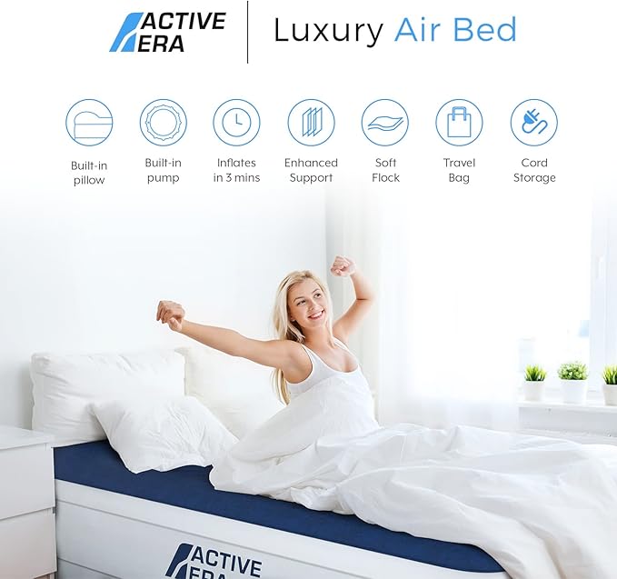 Active Era Luxury Queen, High Air Mattress with Built in Pump and Raised Pillow - Elevated Double, with Structured I-Beam Technology, Height 22" Tall Air Bed Queen Size