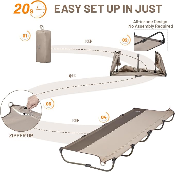 TIMBER RIDGE Lightweight Aluminum Camping Cot, 20-Second Quick Set-Up Folding Cot with Zipper Closure, Portable Carry Bag Included for Camping, Travel and Outdoors, Support up to 225lbs, Tan