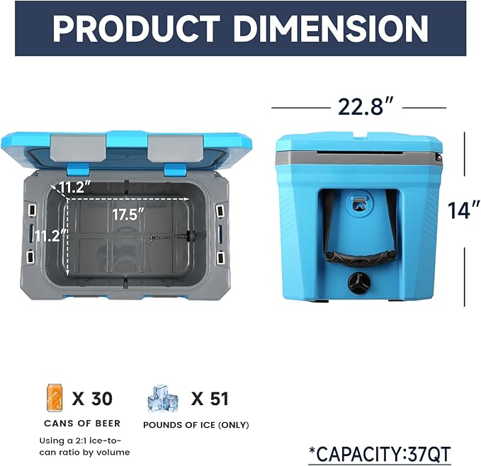 EchoSmile Ultra-Light Hard Cooler 35L/37qt, Outdoor Insulated Ice Chest Box