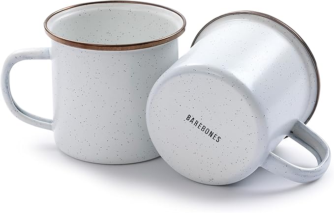 Barebones Enamel Cup Set- Enamel Coffee Mugs Set of 2 16-oz - Stainless Steel Rim Camping Mug for Indoor and Outdoor Use (Eggshell)