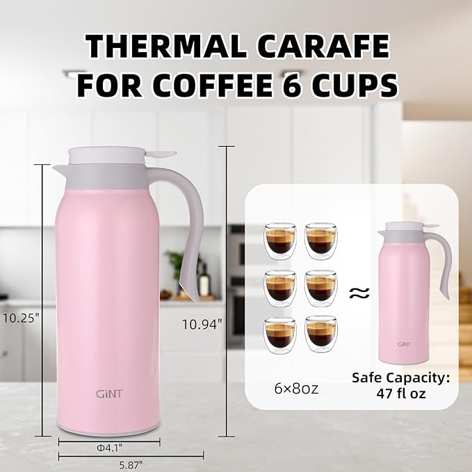 GiNT 51 Oz Stainless Steel Thermal Coffee Carafe, Double Walled Vacuum Insulated Flask, 12 Hour Heat Retention, 1.5 Liter Tea, Water, and Coffee Dispenser (Upgraded version Pink)