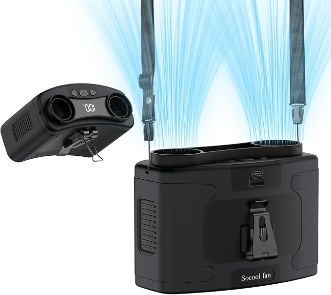 Socool 10000mAh Portable Waist Fan Clip on Wearable Belt Personal Fans Rechargeable Battery Operated, 20H Cooling with 10 Speeds & Dual Motors,Neck Hanging Hands-Free for Outdoor Travel Power Bank