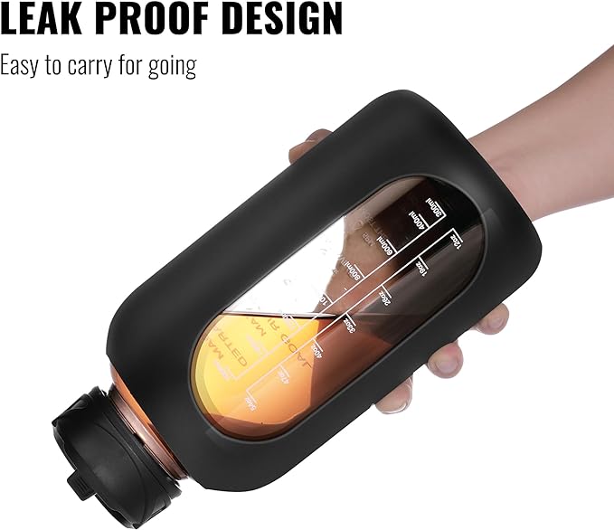 CIVAGO 64 oz Glass Water Bottle Jug with Straw and Handle, Half Gallon Sports Motivational Bottle with Time Marker, Large Flask Canteen with Silicone Sleeve for Gym, Army Green