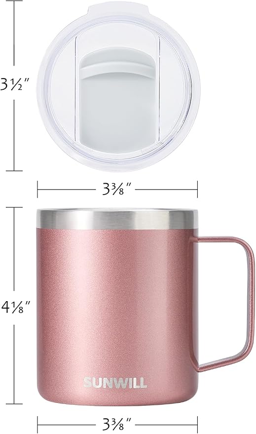 SUNWILL Travel Coffee Mug with Lid, Insulated Tumbler with Handle, 14 oz Stainless Steel Cup for Ice, Water, Tea, Rose Gold
