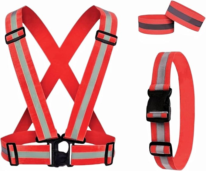 Reflective Running Gear Reflective Vest & Reflective Armband & Reflective Belt 3 Pcs Set, High Visibility Reflective Gear Night Cycling Walking Safety Vest Straps for Men Women Kids