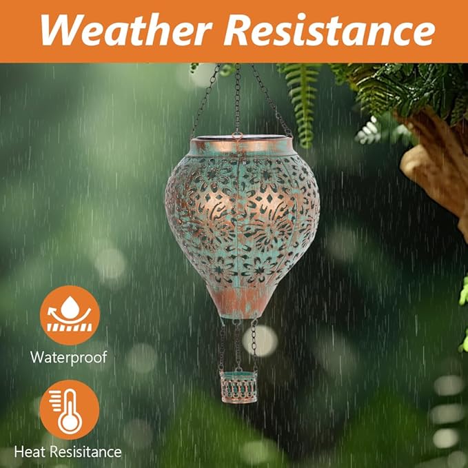 Stargarden Hot Air Balloon Solar Lantern, Butterfly Hollow Out Metal Hot Air Balloon Decorations, Green Hanging Solar Lantern, Waterproof Outdoor Lights for Porch Decor