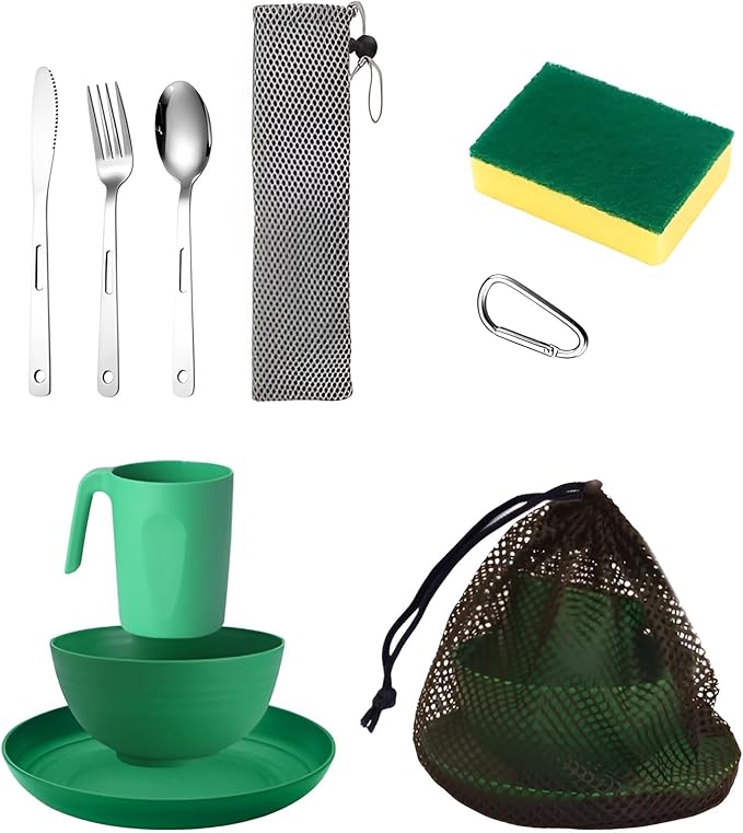 Scout Camping Mess Kit for 1 Person - Camping Utensils Set with Bowl Plate Cup Fork Spoon and Knife, Scout Dishes Set with Mesh Bag for Backpacking, Outdoor Camping Hiking and Picnic