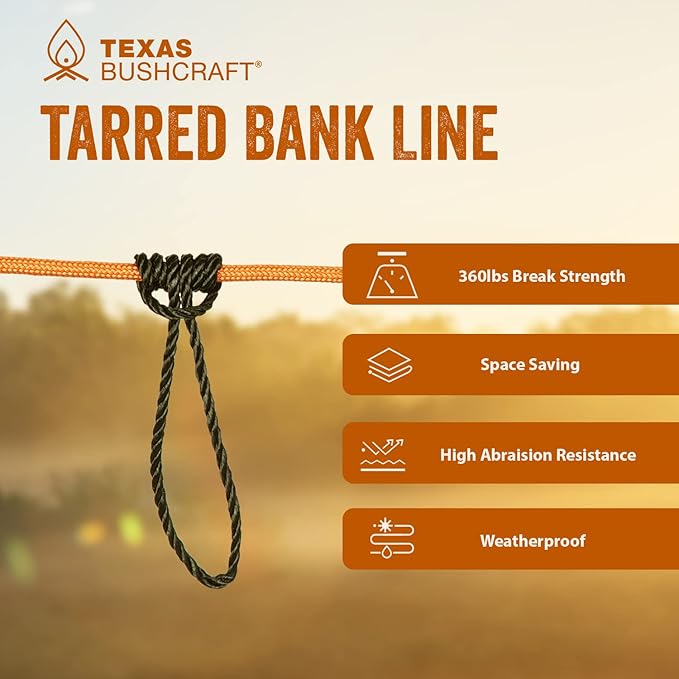 Texas Bushcraft Tarred Bank Line Twine - #36 Black Nylon String for Fishing, Camping and Outdoor Survival – Strong, Weather Resistant Bankline Cordage for Trotline