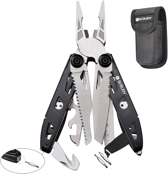 BIBURY Multitool Pliers, 18-in-1 Multi Tool with Safety Hammer, Safety Locking Design Stainless Steel Multifunction Pocket Knife for Outdoor, Survival, Camping, Hiking, Home Repair - Black