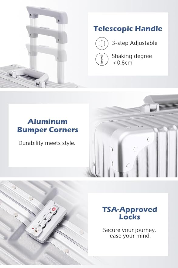 HotWay 24 Inch Checked in Luggage with Aluminum Frame,PC Hard Shell Suitcase with Spinner Wheels and TSA Lock, Large Suitcase for Travel, White