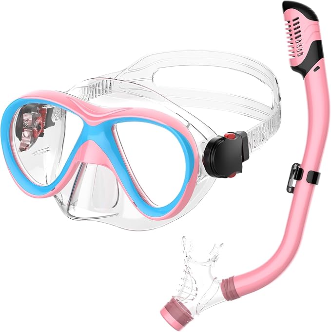 Kids Snorkel Set, Dry Top Snorkeling Gear for Kids, Diving Mask for Youth Boys Girls Age 5-15, Tempered Glass Swimming Goggles Combo Set, Anti-Fog Panoramic View Kids Snorkel Set
